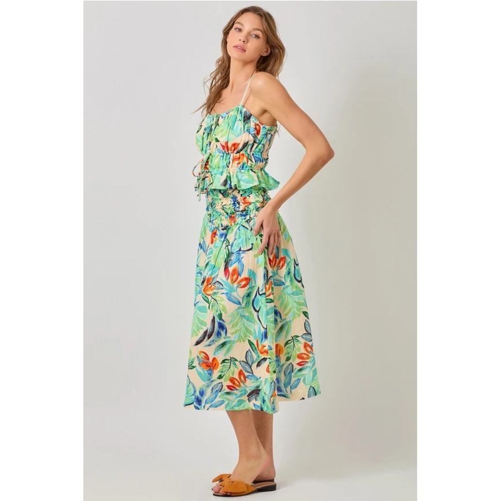 Mystree Tropical Floral Peplum Cami Top and Smocked Midi Skirt Two Piece Set L
